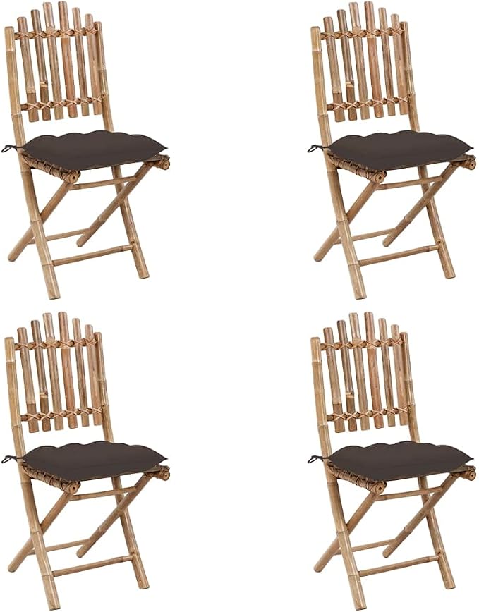 5 Piece Bamboo Folding Patio Dining Set with Cushions, Round Outdoor Table and 4 Foldable Chairs for Backyard Balcony and Porch, Rustic Wood Bistro Furniture Set