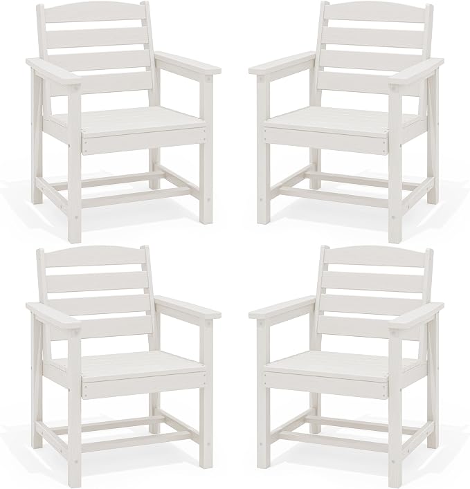 SERWALL Outdoor Dining Chairs Set of 4, All-Weather HDPE Patio Dining Chair with 19.7" Widened Seat, for Backyard, Garden, White
