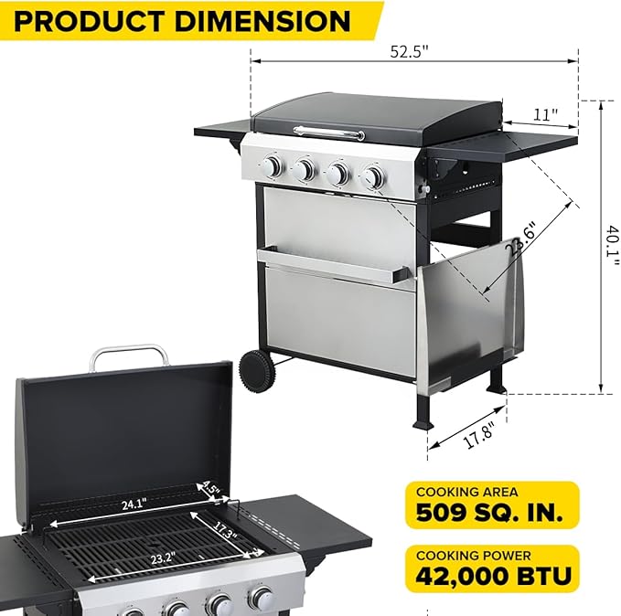 CIG GARDEN 4-Burner Propane Flat Top Grill, 42,000 BTU Stainless Steel Commercial-Style Griddle for Patio, Backyard, Camping & Outdoor BBQ
