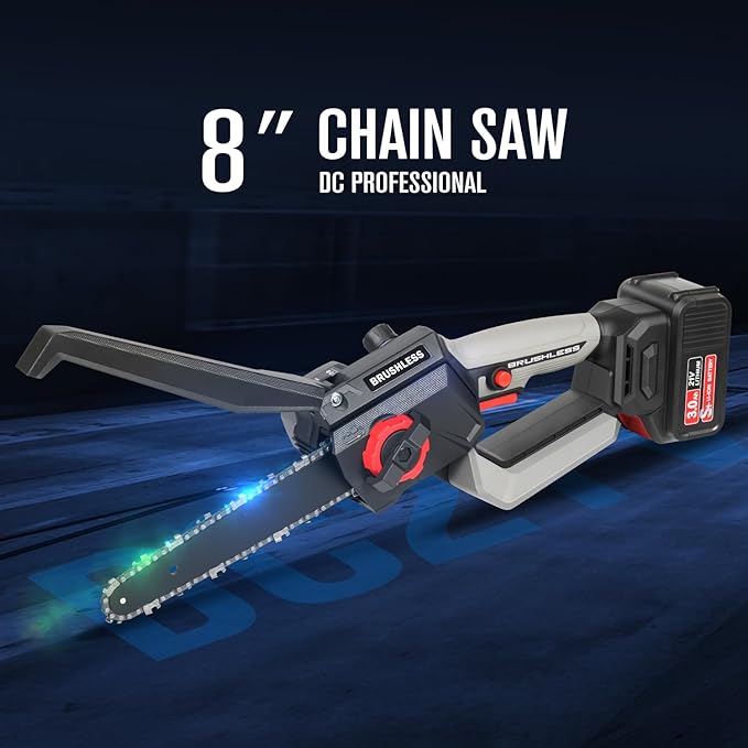 8 Inch Mini Chainsaw Cordless with 1150W Pure Copper Motor, 2x 3.0Ah Large Capacity Batteries, 5000RPM Brushless One-Handheld Electric Chain Saw for Garden Tree Trimming Branch Wood Cutting