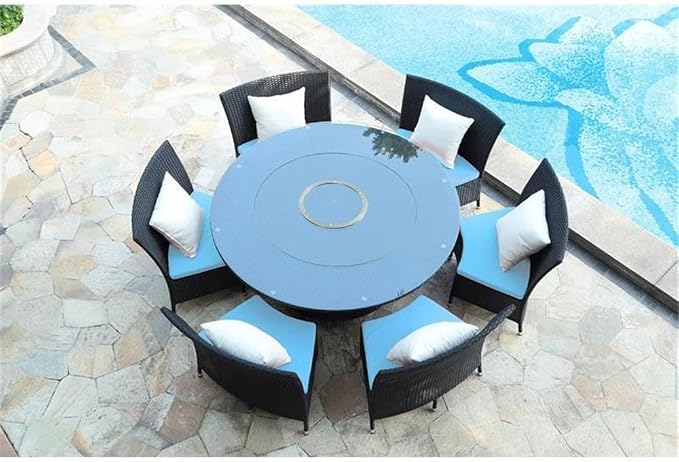 Manhattan Comfort Nightingdale 7 Piece Outdoor Dining Set with Round Glass Lazy Susan | Includes 6 Rattan Chairs, Water-Repellent Cushions and Toss Pillows, Patio Furniture, Black/Sky Blue/White