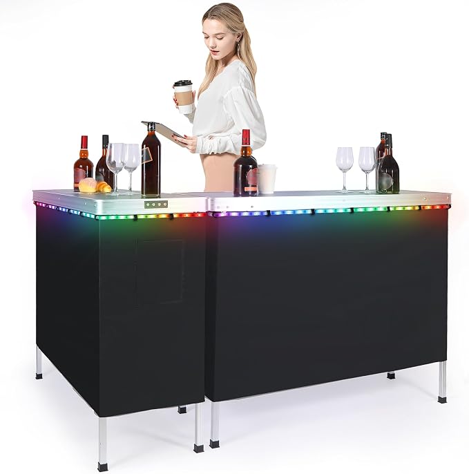 REDCAMP Portable Double Bar Table with Multi-Color LED Lights, Pop Up Folding Mobile Bar Bartender Station Podium Table for Events, Party, Camping, Tradeshow, Exhibition, Easy Setup, Black,43"x33"x15"