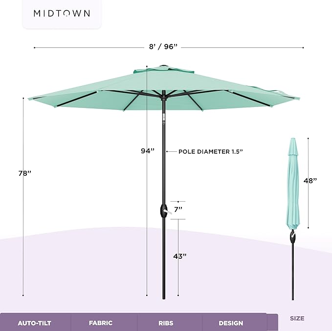Midtown Umbrellas - The Lean 8 Ft Patio Umbrella with Fade-Resistant Sunbrella Fabric, Auto-Tilt Aluminum Frame and 8 Reinforced Ribs for Deck, Pool & Garden - Canvas Glacier Canopy, Black Pole