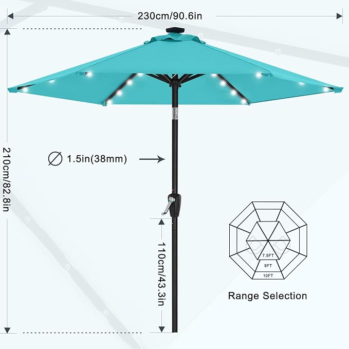 MASTERCANOPY 7.5FT 6Ribs Patio Umbrella with 32 Solar LED Lights, Outdoor Market Umbrella with Tilt & Crank, UV Protection & Fade Resistant Fabric, Easy Set-Up for Garden, Deck, Pool (Turquoise)