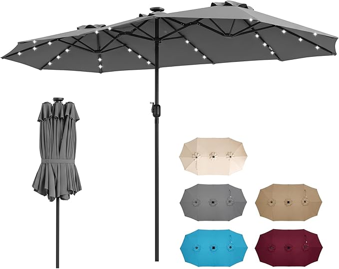 Tangkula 13 Ft Solar Patio Umbrella, Double-Sided Extra Large Outdoor Market Table Umbrella with 36 LED Lights, Crank Handle, 12 Sturdy Ribs for Poolside, Garden & Backyard (Gray)
