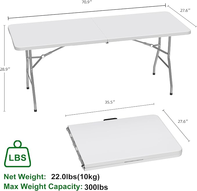 Allpop 6Ft Folding Table for Indoor Outdoor, Fold-in-Half Portable Plastic Dining Table with Carrying Handle for Picnic Party Camping, White