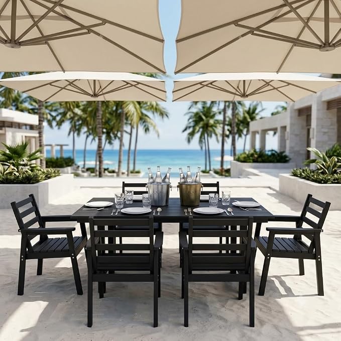7-Piece Outdoor Dining Set, All-Weather HDPE Patio Furniture, 66.5" Slatted Table with 1.6" Umbrella Hole & 6 Ergonomic Armchairs, Heavy Duty 350lbs Capacity, UV Resistant, Black