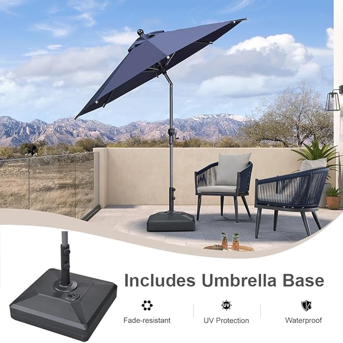 PURPLE LEAF 8' Round Patio Market Umbrella with Base Outdoor Table Umbrellas Aluminum Frame Sun Shade with 8 Sturdy Ribs Tilt for Garden Deck Lawn Pool Navy Blue