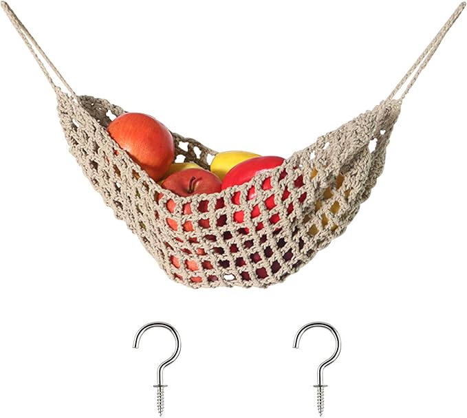 Fruit Vegetable Hammock, Handmade Macrame Fruit Hammock Cotton Fruit Holder Net Under Cabinet Fruit and Veggie Storage Space Saving Kitchen Decor with Hooks