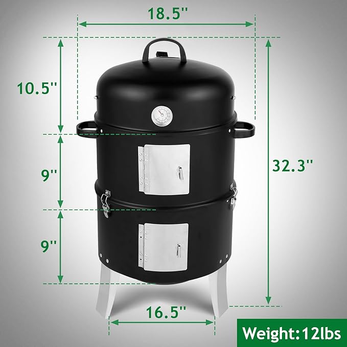 Vertical 18.5" Barbecue Charcoal Smoker, Heavy Duty 3-in-1 Portable Outdoor BBQ Grill Cooker with Built-in Thermometer for Outdoor Backyard Cooking Grilling Camping