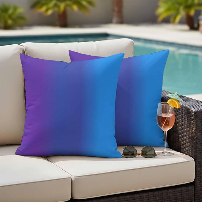 Purple Blue Ombre Outdoor Pillow Covers Waterproof, All Weather Cushion Case Set of 2, Modern Color Gradient Striped Decorative Pillowcases for Sofa Couch Bed Decor Patio Furniture 16"x16"