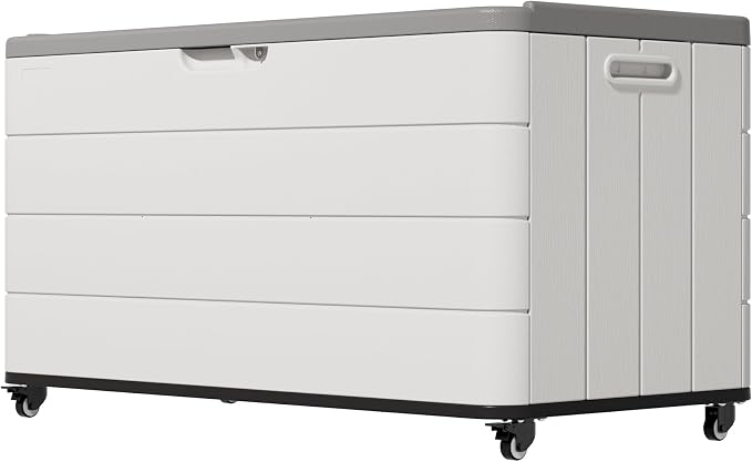 Mrosaa 110 Gallon Deck Box Waterproof with Wheels - Mobile Double-Wall Resin Outdoor Storage Box for Patio, Pool, & Garden - Lockable Deck Storage for Cushions, Pool Floats, Boat Slip (Off-White)