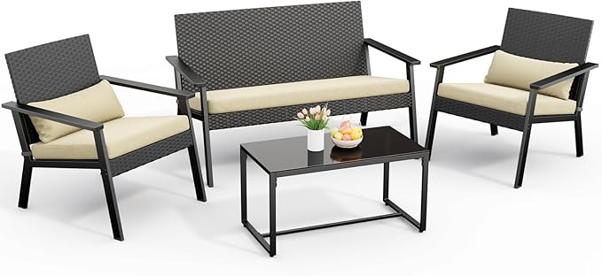 Ahomly 4-Piece Outdoor Wicker Patio Furniture Set with Deep Seating Cushions and Table for Balcony, Backyard, and Porch (Beige)