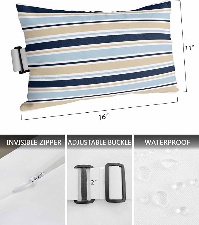 Pack of 2 Outdoor Lumbar Pillow Covers 11x16 Inch, Navy Blue Khaki Striped Waterproof Throw Pillow Covers Set, Farmhouse Stripes Modern Abstract Art Decorative Cushion Cases for Patio Porch Car