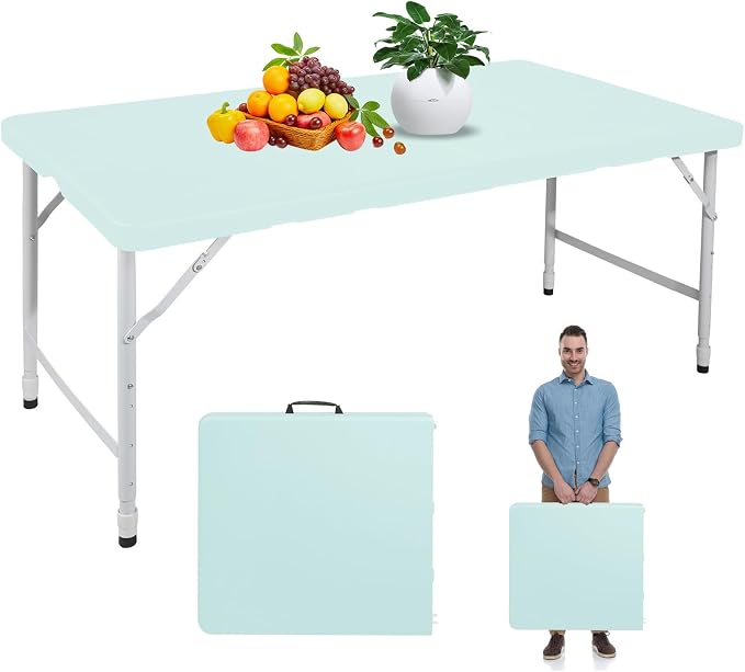 Portable 4Ft Folding Table, Heavy Duty Plastic Fold-in-Half Utility Foldable Table, Adjustable Height Plastic Folding Table with Carrying Handle for Camping &Party Indoor/Outdoor (Light Blue)