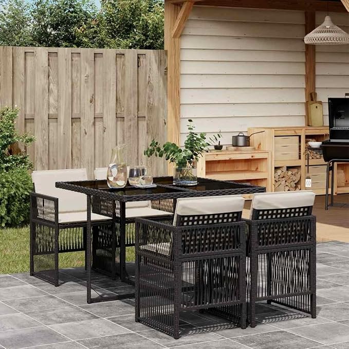 5 Piece Patio Dining Set with Cushions Black Poly Rattan Outdoor Furniture Foldable Chairs Tempered Glass Table UV Protection for Garden Backyard BBQ Lounge