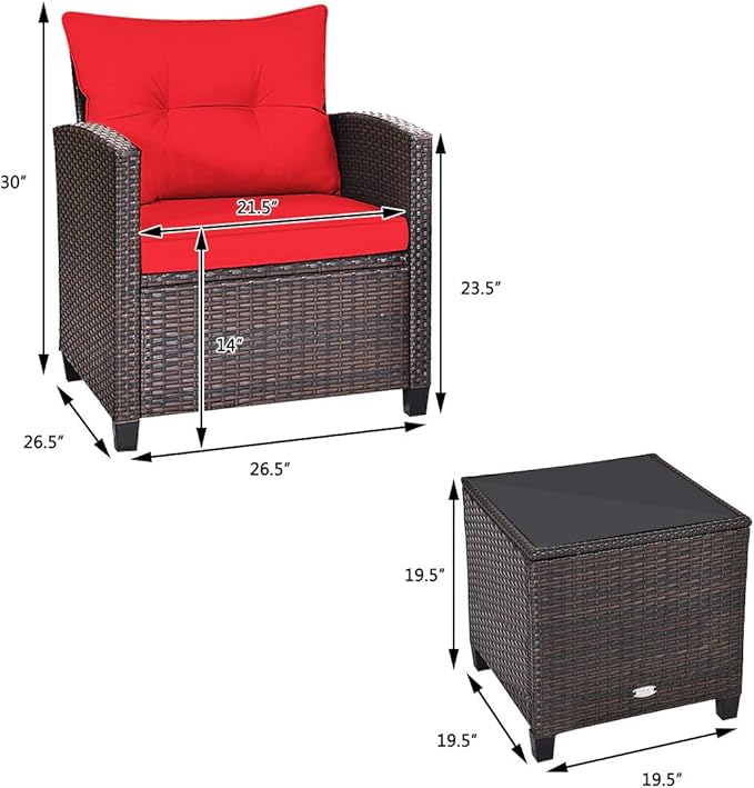 3 Pieces Wicker Patio Furniture Set, Outdoor Sofa Set with Water-Resistant Cushion & Tempered Glass Table, Outdoor Conversation Set Bistro Set for Garden, Balcony, Poolside(Red)