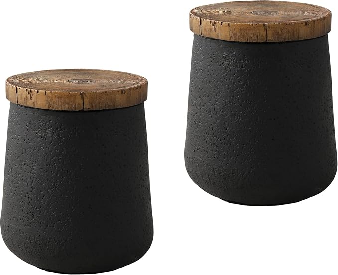COSIEST Outdoor Side Table Set of 2, 2 Pieces End Table, Cylinder Shaped Patio Side Table, Black Outdoor Concrete Accent Table Stool with Faux-Wood Tree Trunk Slice Top for Outside, Indoor, Garden