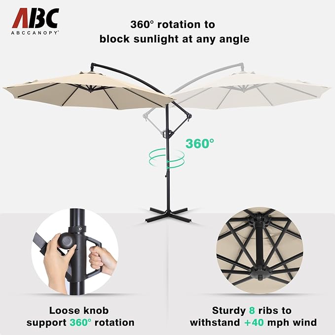 ABCCANOPY 10FT Cantilever Patio Umbrella with base included, 360° Rotation Outdoor Offset Umbrella for Backyard, Deck, Poolside (Creamy White)