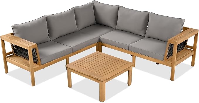 JIVOIT Acacia Wood Sofa Set, 4 Pieces Outdoor Conversation Set with Coffee Table, L-Shaped Patio Furniture Sofa with Woven Mesh Armrests, Cushions and Side Table, Adjustable Foots (Gray/201)