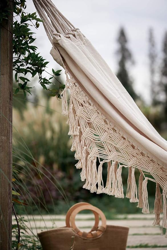 Handmade Boho Large Brazilian Macrame Fringe 2 Person Double Deluxe Hammock Swing Net Chair for Beach, Yard, Bedroom, Patio, Porch, Indoor, Outdoor, Wedding Decor 95" Lx 59" W