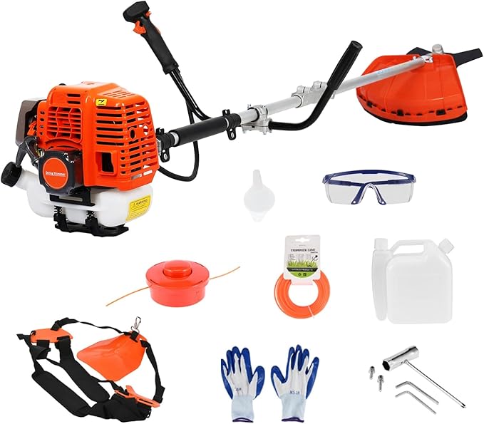 Gas String Trimmer, 52cc Weed Wacker Gas Powered, 2 in 1 Cordless Hedge Trimmer, 2-Stroke Brush Cutter, Handheld Weed Eater, Plastic Handle & Shoulder Strap Included Orange