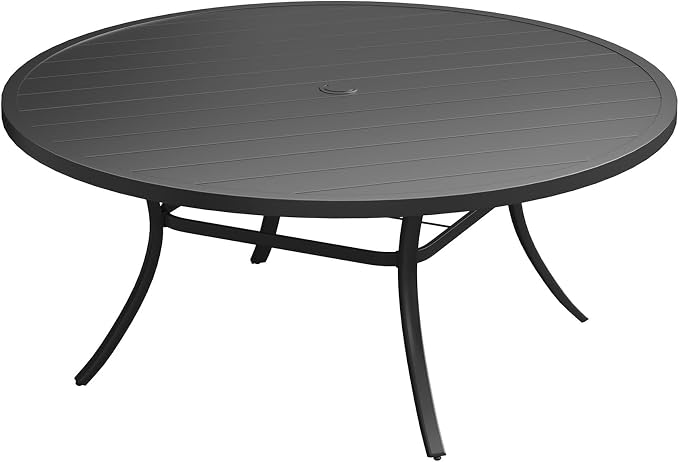 Patio Dining Table for 8-10, Round Metal Outdoor Table with 1.57" Umbrella Hole, 63" Outdoor Slat Tabletop Dining Table for Backyard, Porch, Lawn, Black