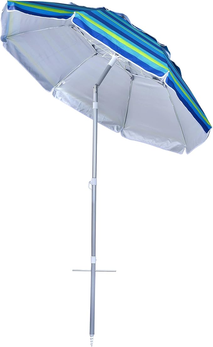 6.5ft Beach Umbrella with Tilt Pole, Portable Sand Anchor and Carry Bag, UPF 50+ Sun Shelter Air Vents, Perfect for Beach, Camping, Sports, Pool,Gardens and Balcony,CH-1503 Blue Multi Stripe