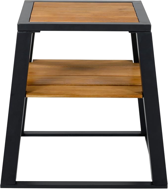 Outdoor Side Table, 2-Tier Acacia Wood End Table with White Iron Frame, Weather-Resistant Patio Side Table with Storage Shelf, Teak Finish, 30 lbs Capacity, Black