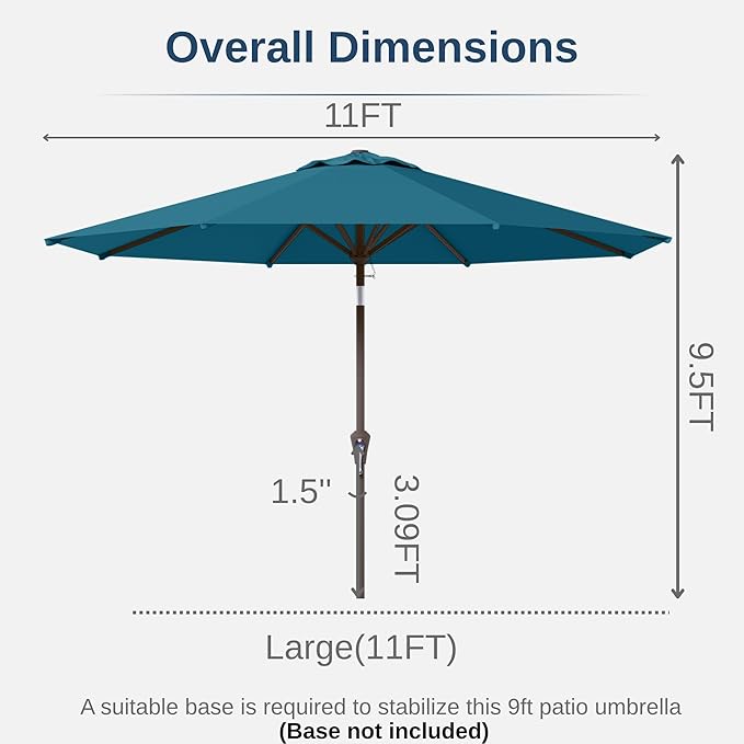 11FT Patio Umbrella, Outdoor Umbrella with with 8 Sturdy Fiberglass Ribs,Market Table Umbrella with Push Button Tilt and Crank,Suit for Backyard,Garden,Pool,Deck(Lake Blue)