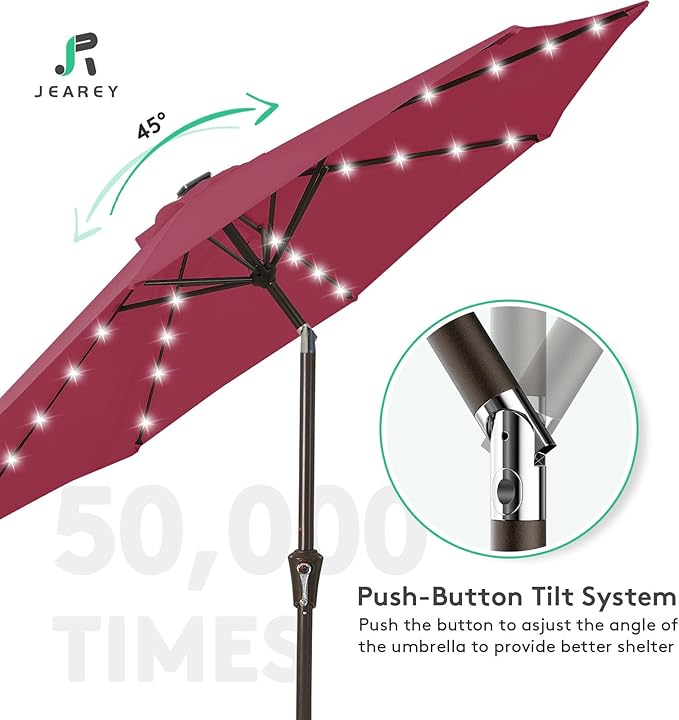 JEAREY 9FT Outdoor Patio Umbrella with Solar Lights, LED Lighted Pool Umbrella with Tilt and Crank, Outdoor Table Umbrellas for Deck, Yard & Market (Burgandy)