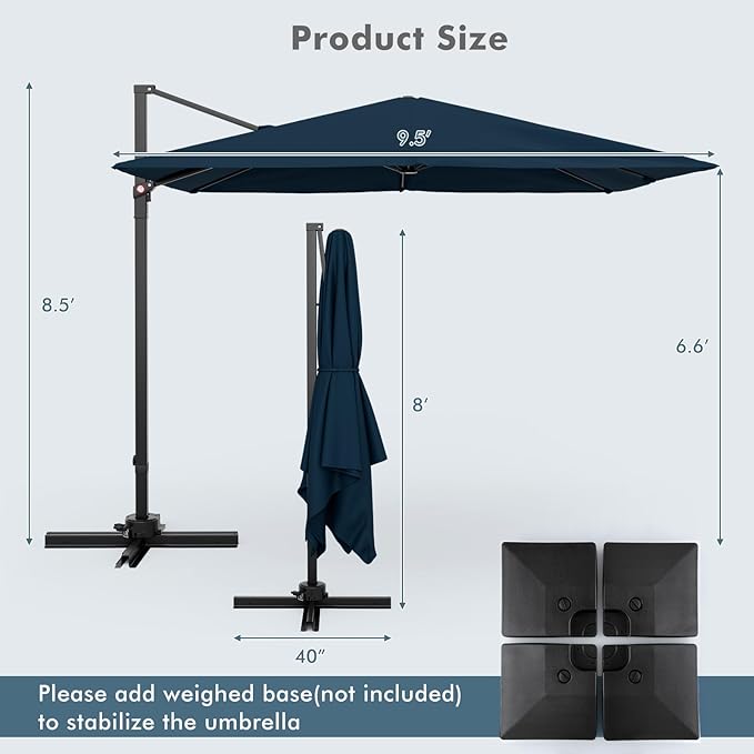 Tangkula 9.5 FT Cantilever Patio Umbrella, Outdoor Square Offset Umbrella with 360° Rotation, Heavy Duty Patio Hanging Umbrella with Cross Base for Garden Deck Pool Backyard (Navy)