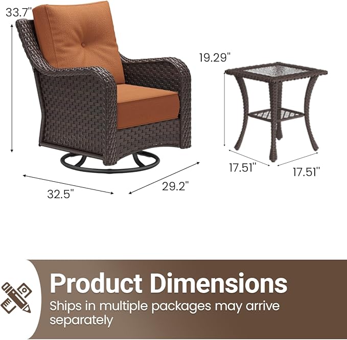 3 Pieces Outdoor Furniture Set with 6-inch Cushions, High Back Wicker Swivel Rocker Chairs with Coffee Table, Luxury Conversation Set for Deck Patio and Poolside