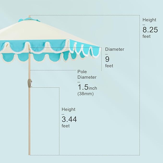 Tempera 9ft Scalloped Beige Spliced Blue Patio Umbrellas with Fringe, Market Umbrellas with Water-Resistant and Fade Resistant Canopy, 1.5" Wood Pole & Button Tilt