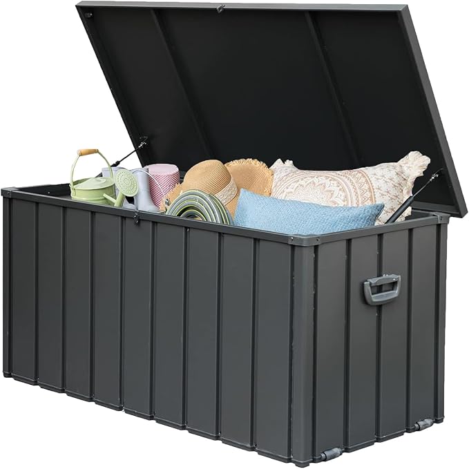 200 Gallon Galvanized Steel Deck Box, Outdoor Storage Box Waterproof with Wheels, Lockable Storage Container for Patio Furniture Cushions Garden Tools, Dark Gray
