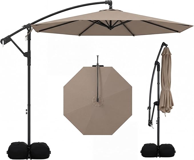 Tangkula 10ft Patio Umbrella with Base Included, Offset Cantilever Outdoor Umbrella with 360 Degree Rotation, Crank Handle, Sun-Protective Canopy for Pool Deck Garden Backyard (Tan)