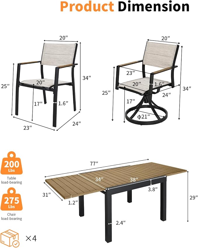 Expandable Outdoor Dining Set for 8, Never-Rust Aluminum Patio Swivel Dining Set, 38"-77" Extendable Outdoor Dining Table and 6 Double-Layer Textilene Stackable Patio Chairs for Porch, Teak