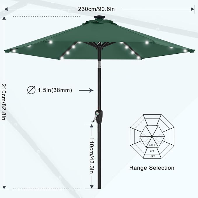 MASTERCANOPY 7.5FT 6Ribs Patio Umbrella with 32 Solar LED Lights, Outdoor Market Umbrella with Tilt & Crank, UV Protection & Fade Resistant Fabric, Easy Set-Up for Garden, Deck, Pool (Forest Green)