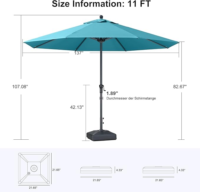 PURPLE LEAF 11' Round Patio Market Umbrella with Base Outdoor Table Umbrellas Aluminum Frame Sun Shade with 8 Sturdy Ribs for Garden Deck Lawn Pool Turquoise Blue