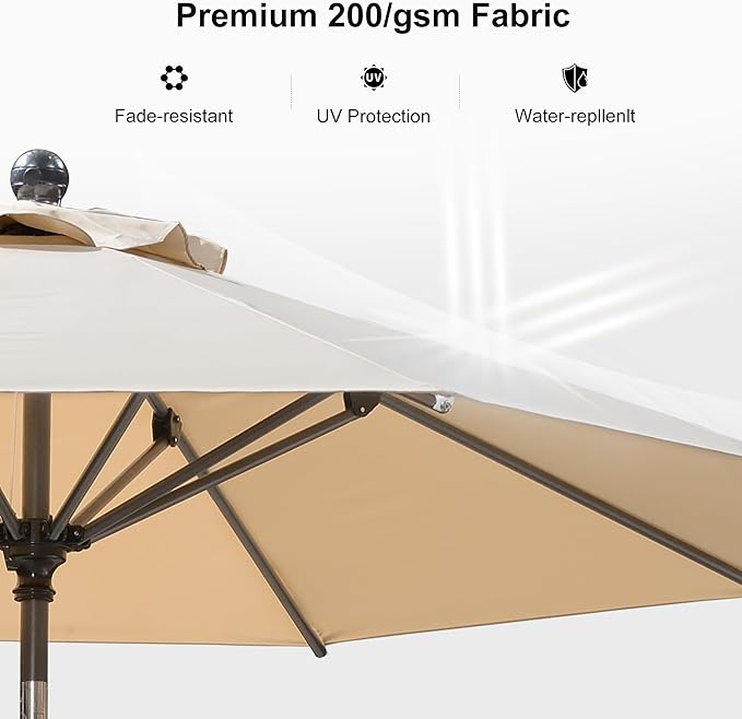 PURPLE LEAF 10' Round Patio Market Umbrella with Base Outdoor Table Umbrellas Aluminum Frame Sun Shade with 8 Sturdy Ribs Tilt for Garden Deck Lawn Pool Beige