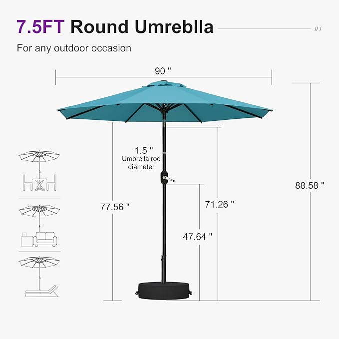 PURPLE LEAF 7.5' Round Patio Umbrella Outdoor Table Umbrella Aluminum Frame Market Umbrella with 8 Sturdy Ribs & Tilt for Garden Deck Lawn Pool Turquoise Blue