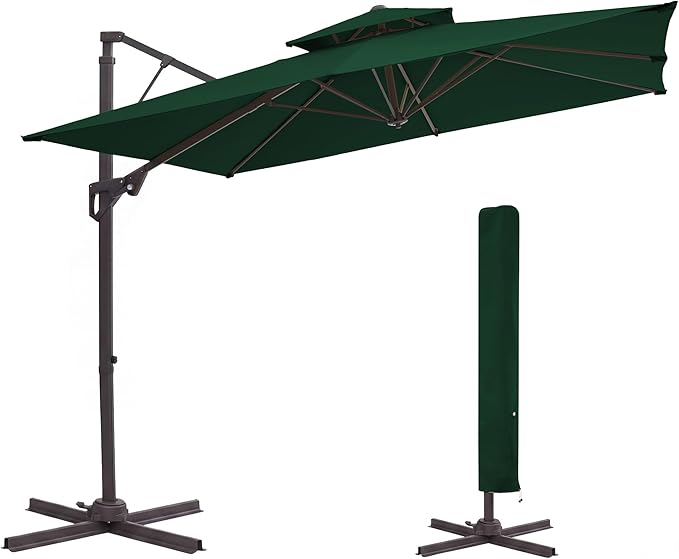 JEAREY 11ft 2-Tier Cantilever Patio Umbrella, Large Square Outdoor Offset Umbrella with Double Top Vent and 360-degree Rotation for Garden, Deck, Pool, Patio, Dark Green