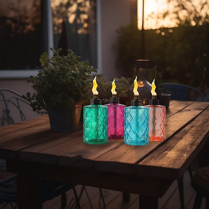 4 Pack Glass Table Top Torches Tesrago, Citronella Torches for Outside, with Wick and Cap, Refillable Flame Light Torch, Decorative Tabletop Lantern for Yard, Patio,Deck,Garden,Outdoor Party,Landscape
