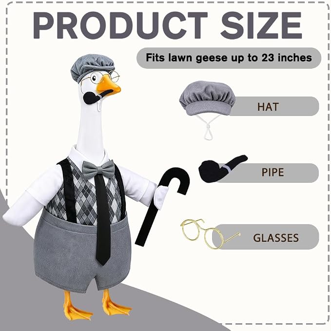 Celltestria Old Man Goose Outfits Grandpa Goose Costume Black Gray Plaid Geese Clothes with Walking Stick Pipe for 23'' Geese Holiday Outdoor Lawn Patio Yard Garden Decor