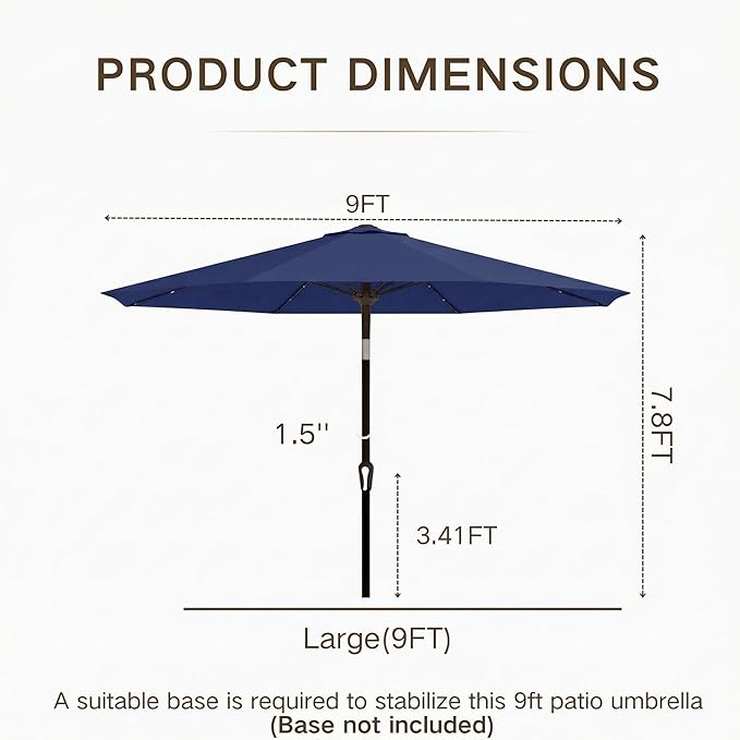 Kingdura 9FT Outdoor Patio Umbrella with Solar Lights, Market Table Umbrella with Push Button Tilt & Crank, 8 Sturdy Ribs, 32 LED Lights, UV Protection for Garden Lawn Deck Backyard Pool (Navy blue)