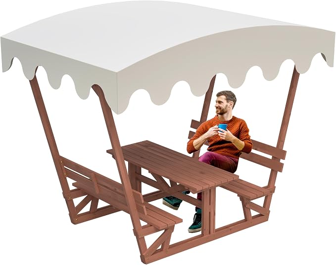 KEIKI Outdoor Waterproof Solid Wood Picnic Table and Bench Set with Removable Canopy, Outdoor Picnic Table Set for Patios, Gardens, Decks, Parks, Beaches
