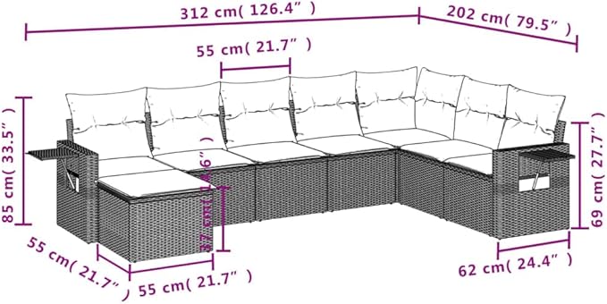 8 Piece Patio Sofa Set with Cushions, Garden Lounge Set Sectional Sofa Outdoor Sofa Sets Patio Conversation Set for Exhibition Garden Poolside Piazza Black Poly Rattan
