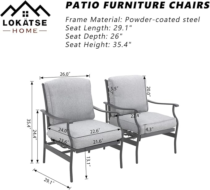 LOKATSE Home C-Spring Patio Chairs Set of 2, Outdoor Metal Motion Conversation Chairs with Gentle Bounce, 5.1" Extra Thick Blue Cushions Deep Seating Furniture for Deck & Porch