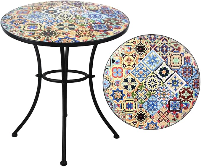 24 Inch Mosaic Patio Round Side Table with Ring Curved Legs Indoor and Outdoor Accent End Table for Yard, Garden, Living Room, Bistro, A - Multicolor Talavera