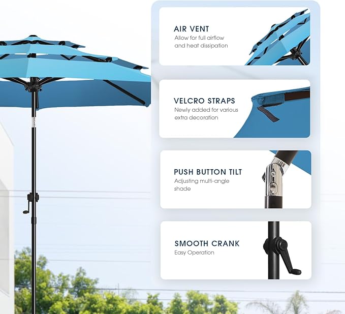 wikiwiki 9ft 3-Tier Patio Umbrella Outdoor Table Market Umbrella for Patio with Push Button Tilt/Crank, Fade Resistant Waterproof POLYESTER Canopy for Garden, Lawn, Deck, Backyard & Pool, Sky Blue